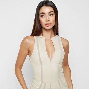 RACER NECK HIGH SHINE BODYSUIT - BEIGE